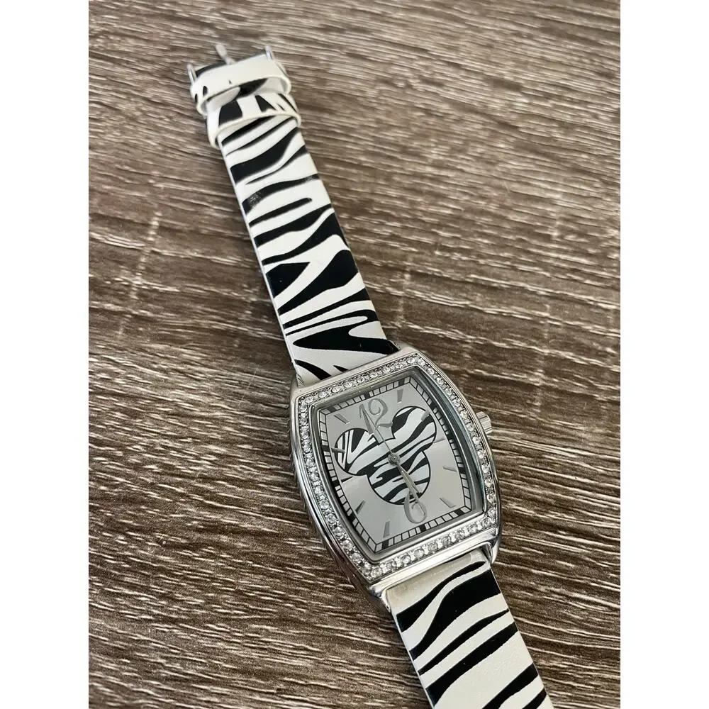 Mickey Mouse Disney Zebra Print Crystal‎ Analog Women’s Petite Wrist Watch 8”